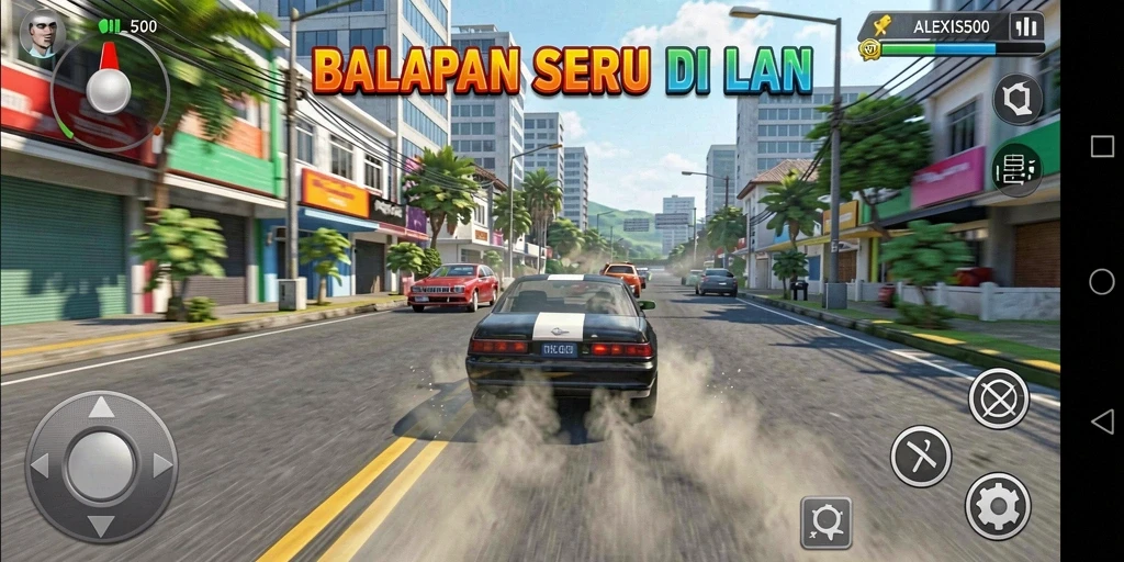Gameplay ALEXIS500 menampilkan balapan seru dan mobil cepat.