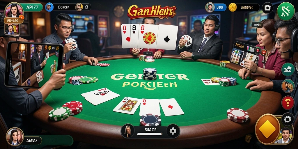Tampilan gameplay Poker yang mendebarkan di API77.