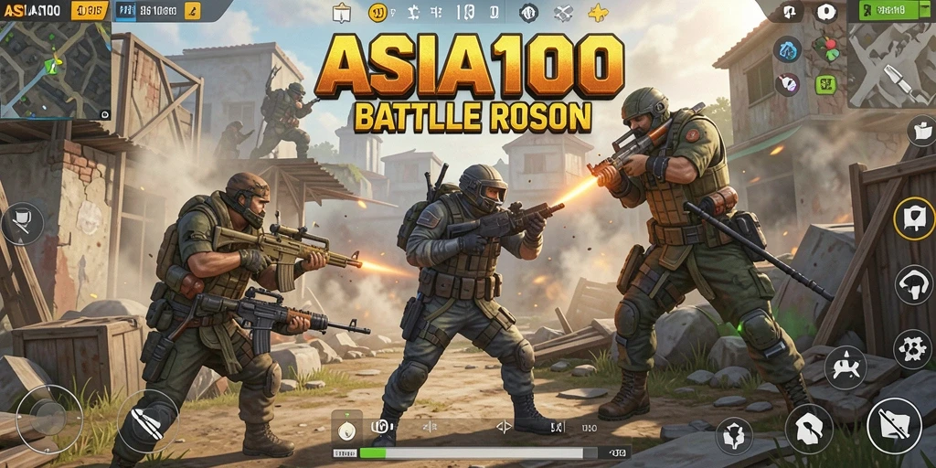 Tangkapan layar gameplay <strong>ASIA100</strong> menampilkan aksi pertempuran intens di medan perang yang luas.