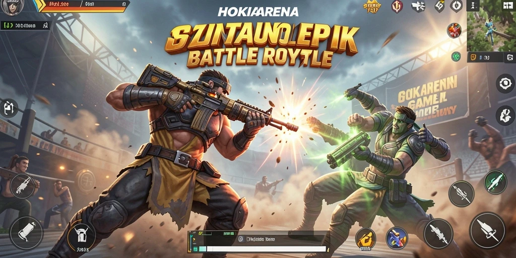 Screenshot HOKIARENA menampilkan aksi seru dalam dunia Battle Royale.