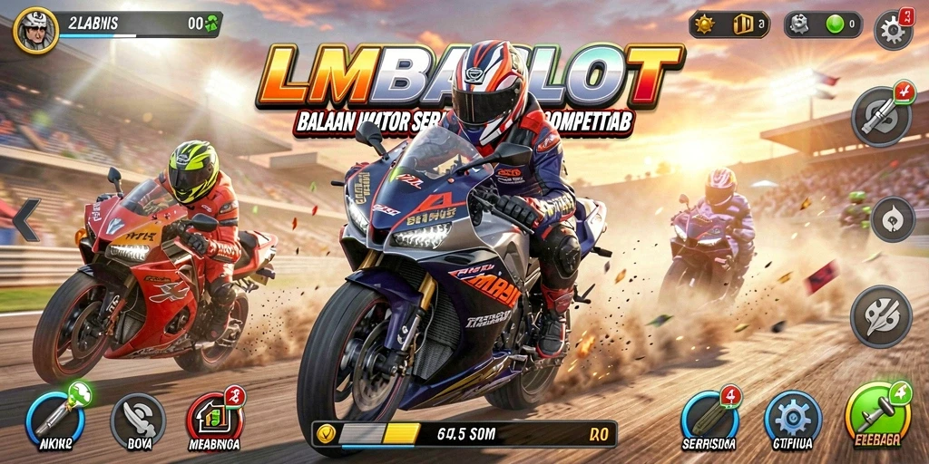 Screenshot gameplay LMBASLOT menampilkan balapan motor yang seru dan mendebarkan.