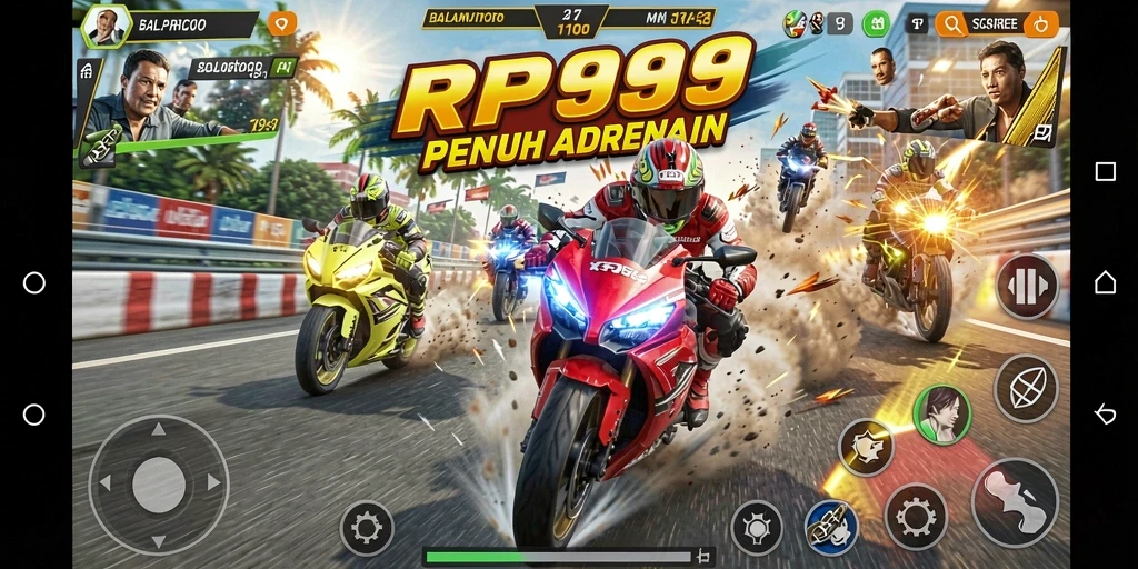 Tampilan gameplay intens dari balapan motor yang seru.