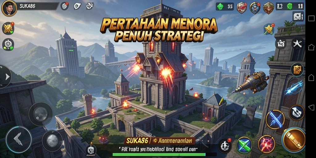 Tangkapan layar utama SUKA86 menampilkan aksi menara pertahanan yang mendebarkan.